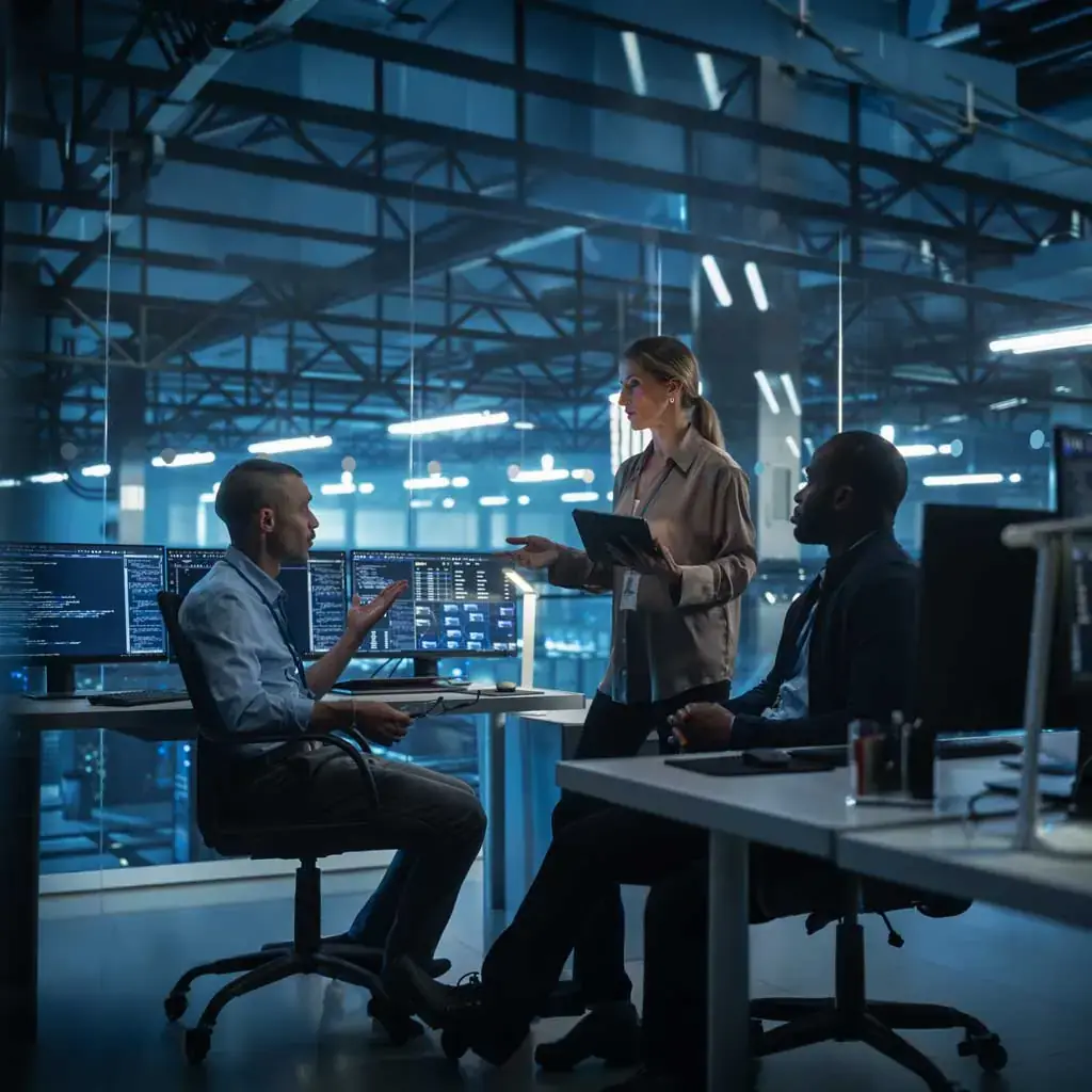 IT security specialists reviewing penetration test results together in a modern office